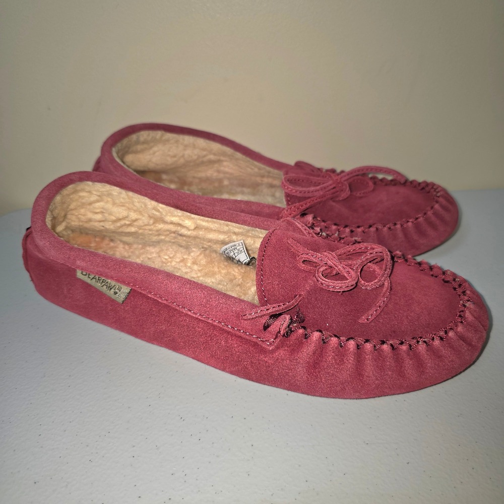 Bearpaw Ashlynn Women 9 Berry Red Suede Wool Blend Lined Moccasin‎ Slippers Bow